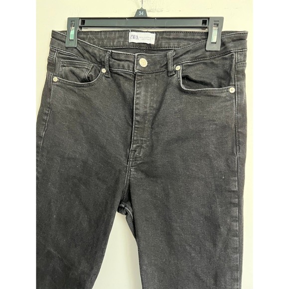 ZARA High Rise Straight Leg Mom Jeans Black Slit Ankle Size 10 Skinny Denim - Picture 4 of 6